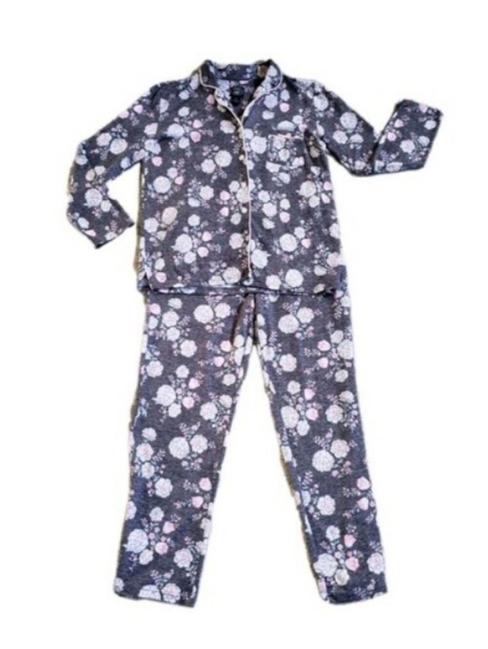 Laura Ashley Pajamas Set Sz M Gray Floral Long Sleeves Butter Soft Stretch Cozy